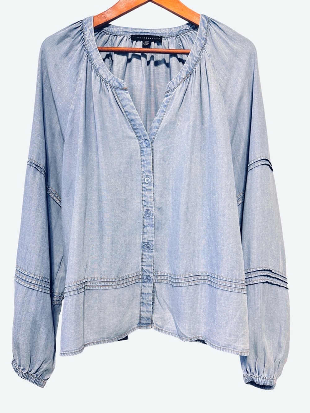 JANE + DELANCEY | Chambray Lyocell Peasant Boho Balloon Sleeve Top